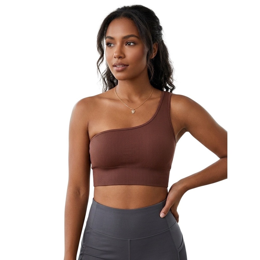Mococo Ribbed One Shoulder Sports Bra Brown Asymmetrical Crop Top Yoga Size 2XL